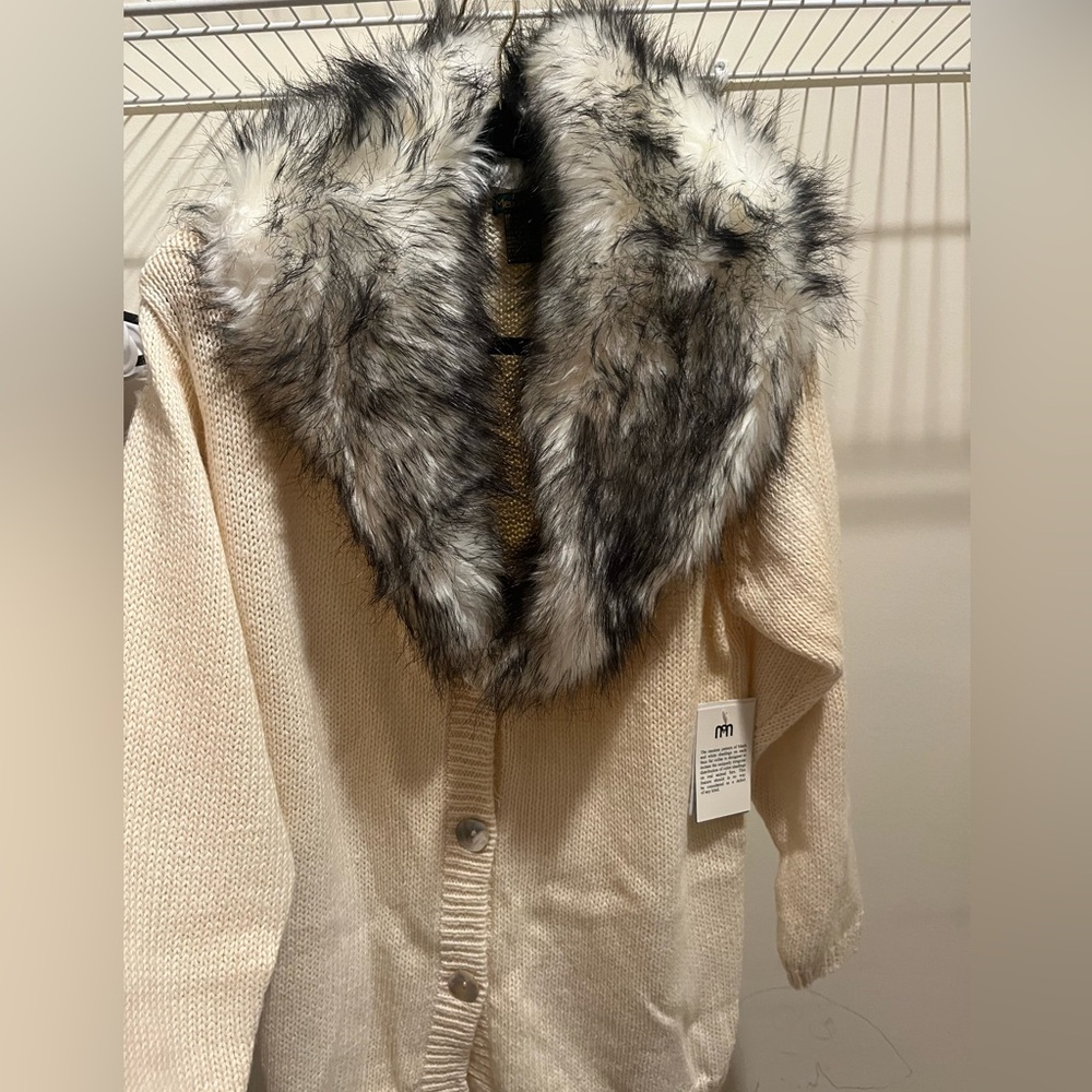 Maxine Marsh Vintage Faux Fox Fur Collar Long Hand-loomed Cardigan Sweater NWT